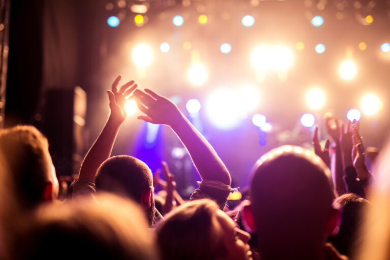 crowd in front of a stage listening to music